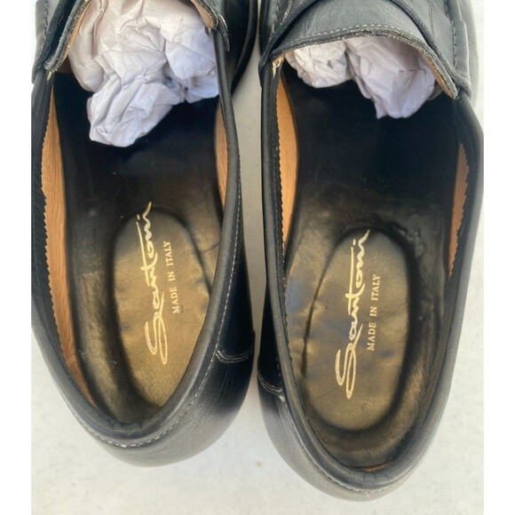 Santoni Black Leather Penny Loafers Made In Italy Dress Slip On Shoes -Size 12 D main image 12